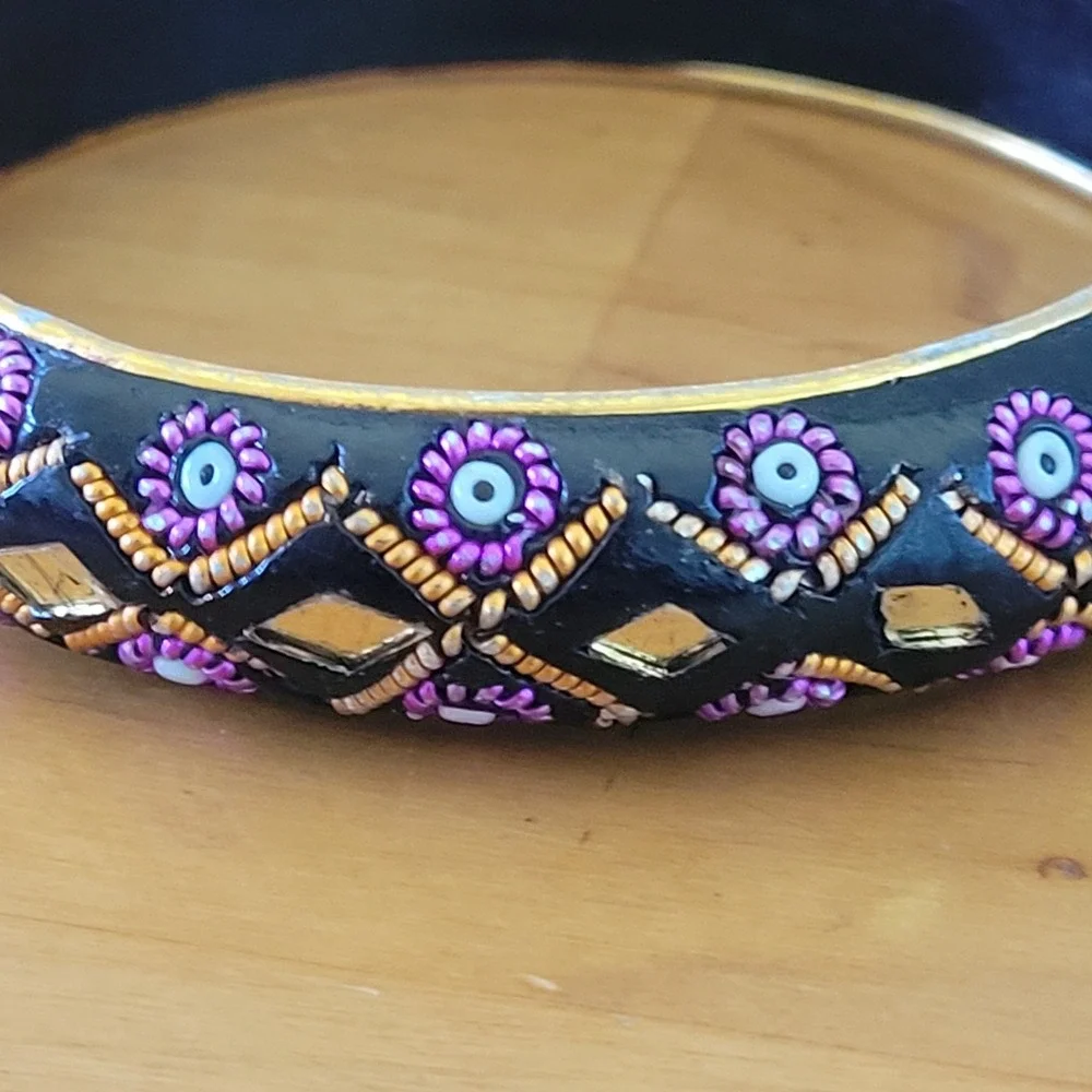 India Black Lacquer Bangle Bracelet Pink Floral Gold Mirror Inlay Vtg